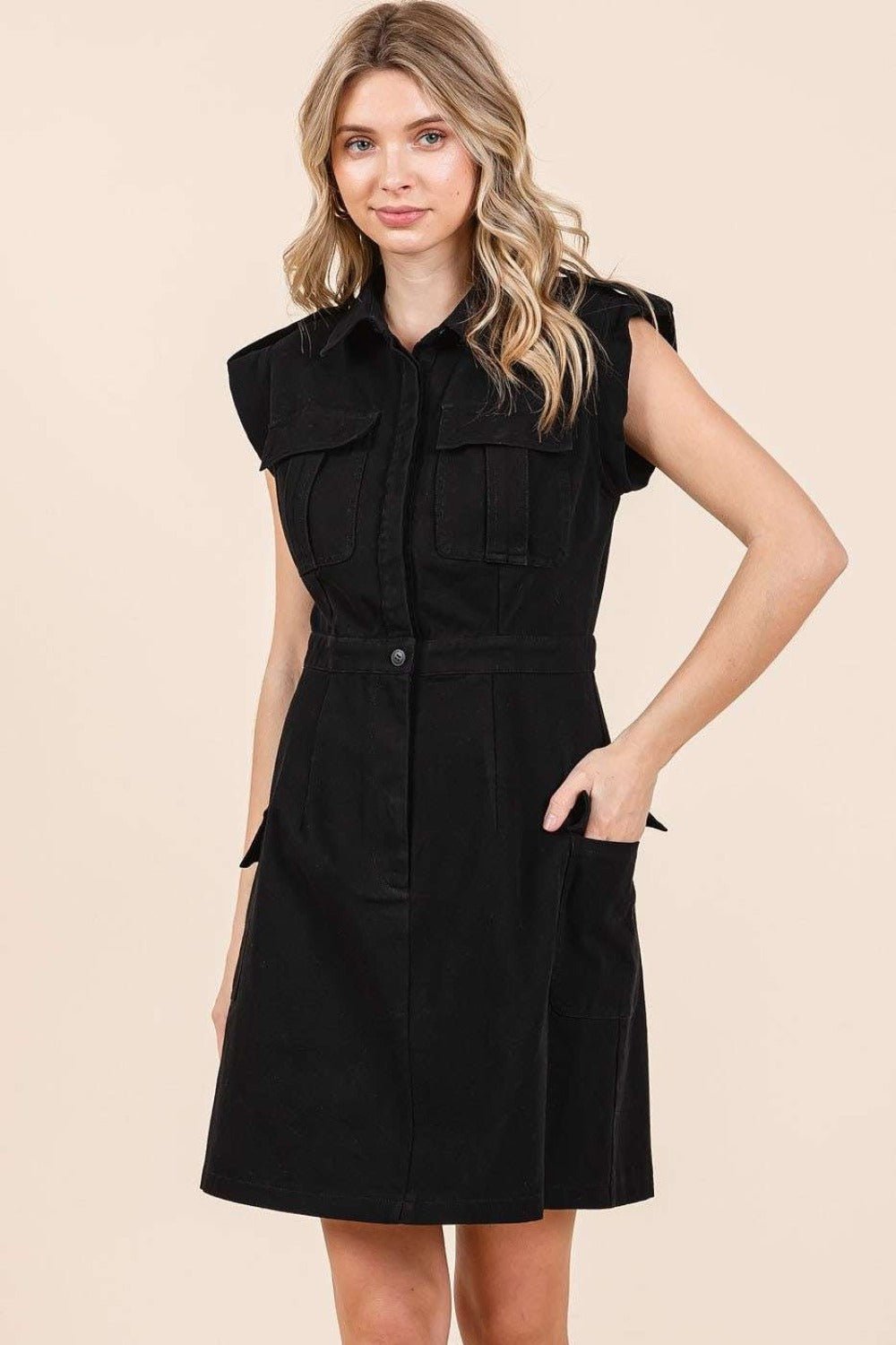 Mittoshop - Black Cargo Pocket Half Button Mini Dress