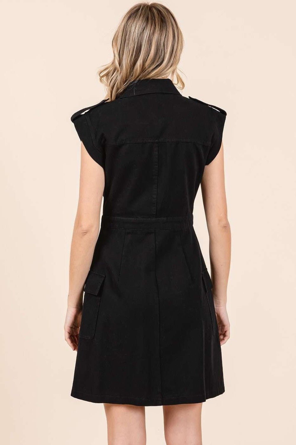 Mittoshop - Black Cargo Pocket Half Button Mini Dress