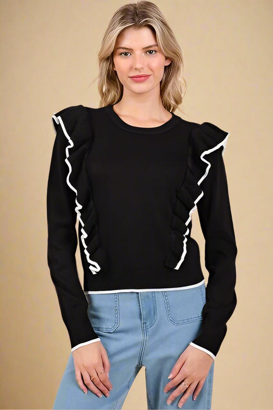 Mittoshop - Black Contrast Trim Ruffled Knit Top