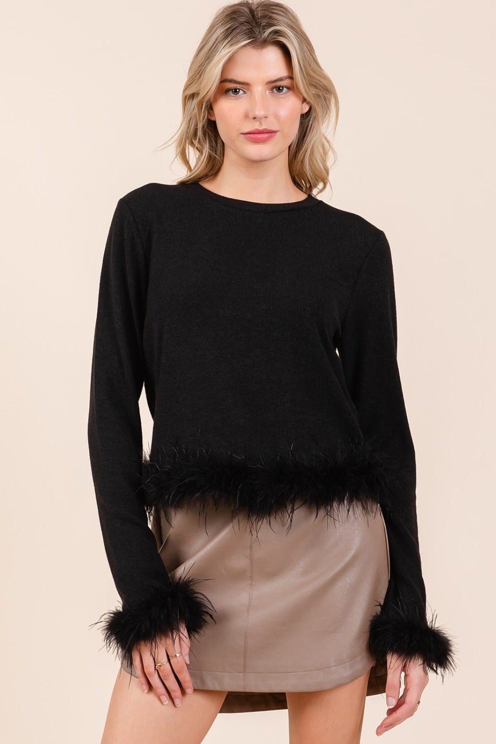 Mittoshop - Black Feather Trim Knit Crop Top