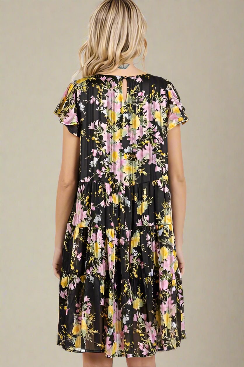 Mittoshop - Black Floral Print Flutter Sleeve Tiered Mini Dress