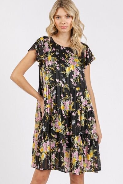 Mittoshop - Black Floral Print Flutter Sleeve Tiered Mini Dress