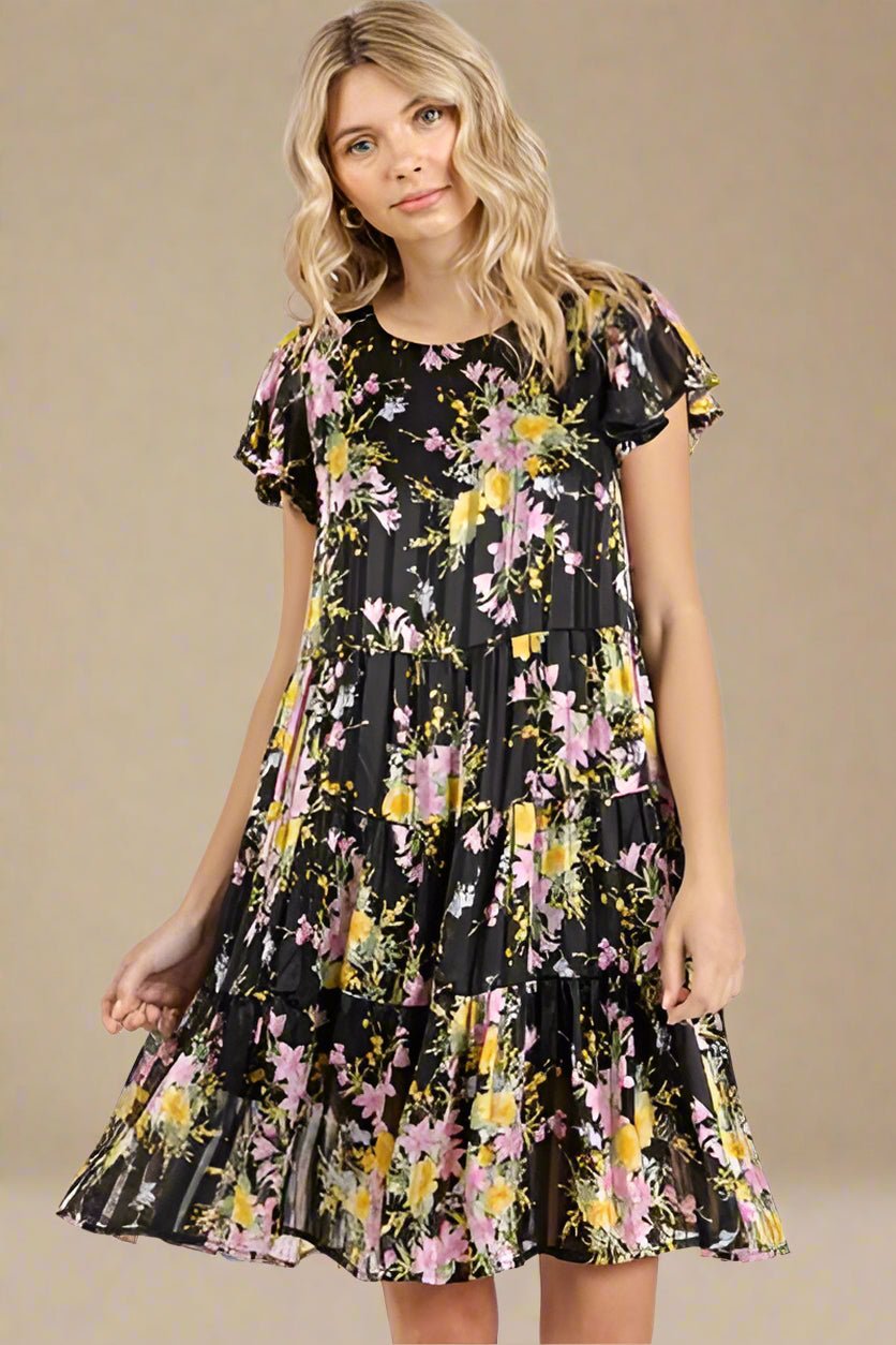 Mittoshop - Black Floral Print Flutter Sleeve Tiered Mini Dress