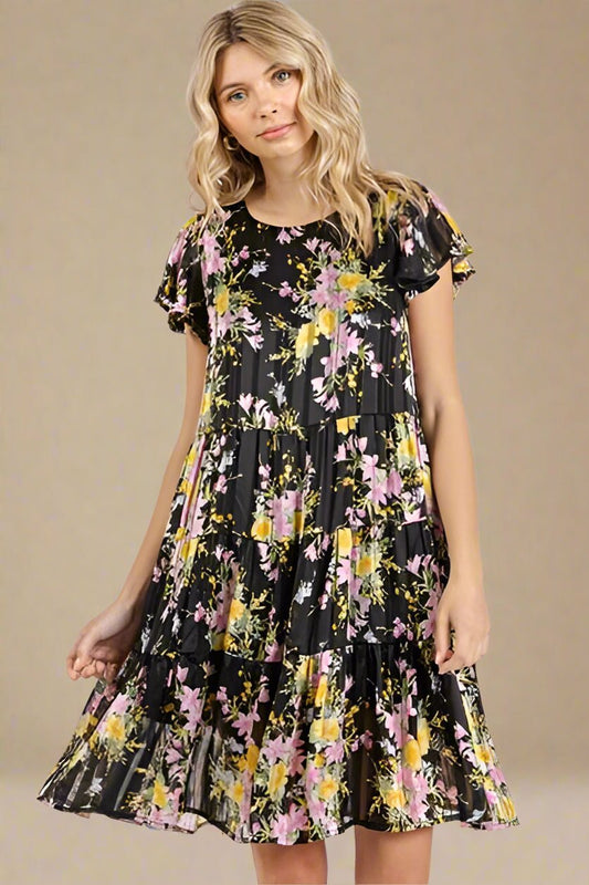 Mittoshop - Black Floral Print Flutter Sleeve Tiered Mini Dress