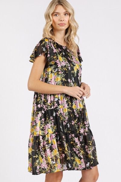 Mittoshop - Black Floral Print Flutter Sleeve Tiered Mini Dress