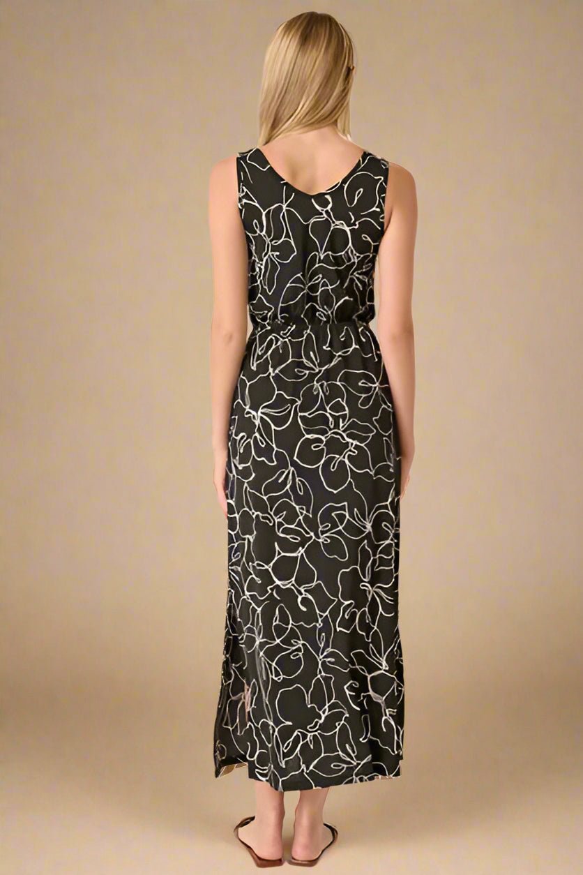 Mittoshop - Black Flower Print V - Neck Sleeveless Maxi Dress