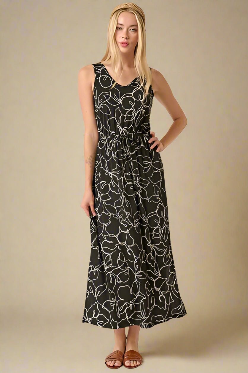 Mittoshop - Black Flower Print V - Neck Sleeveless Maxi Dress