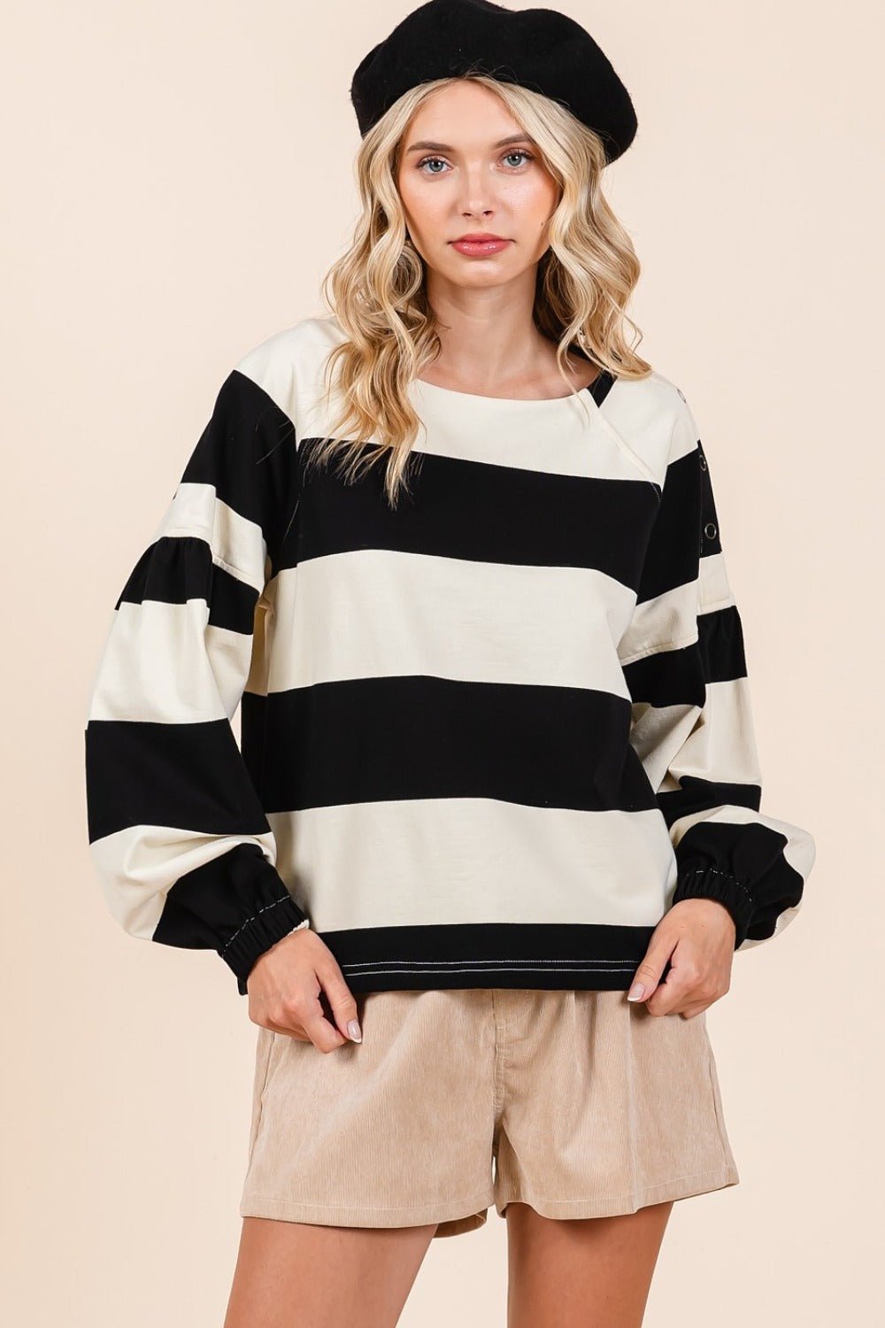 Mittoshop - Black Ivory Striped Snap Shoulder Long Sleeve T-Shirt