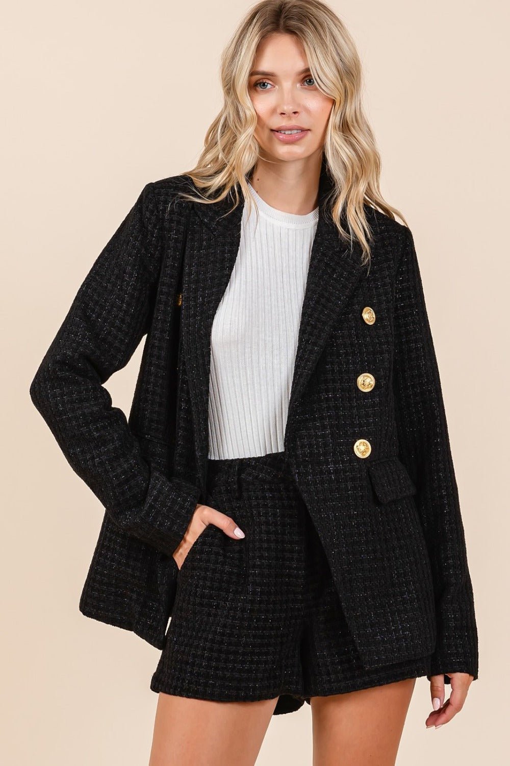 Mittoshop - Black Plaid Double Breasted Blazer