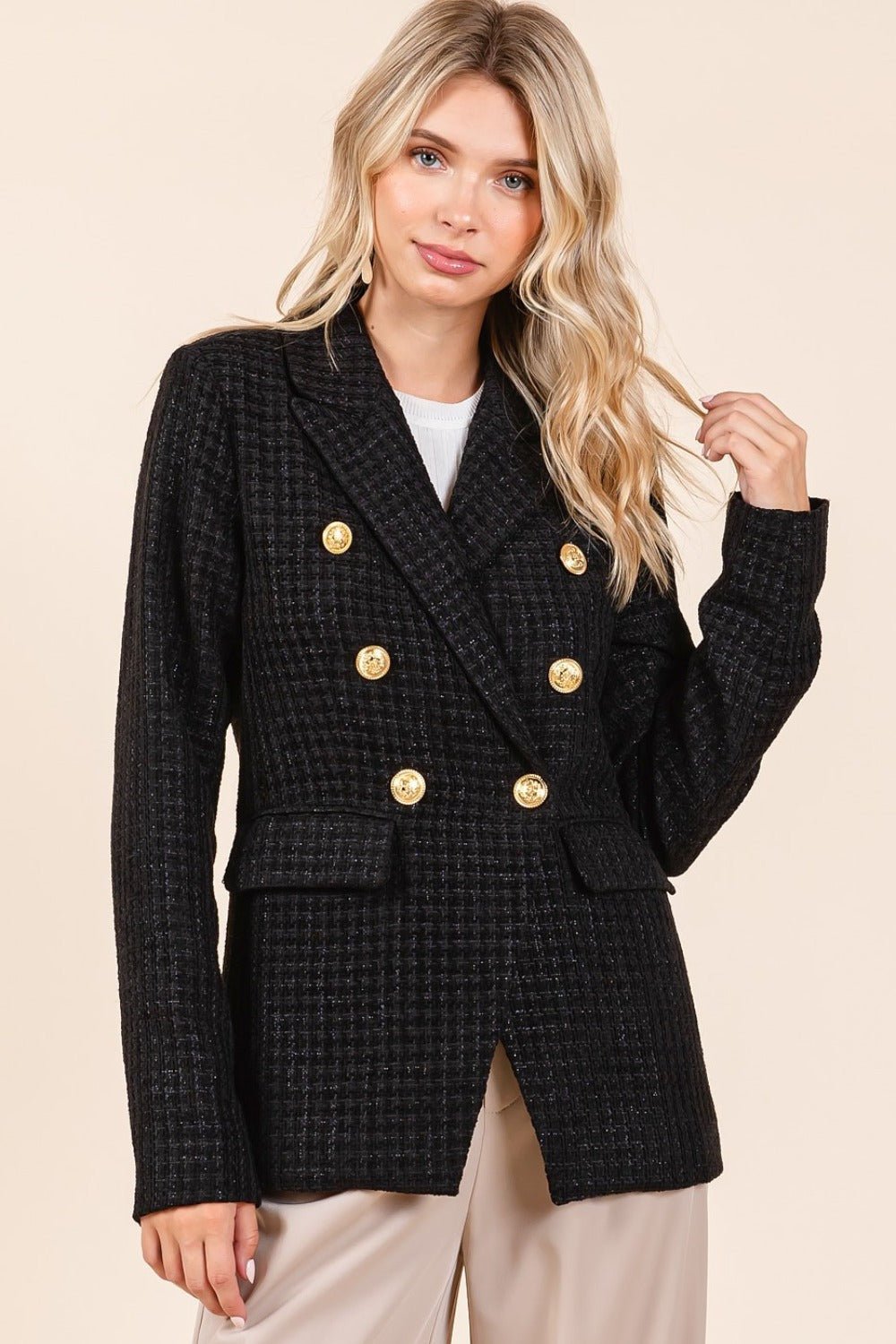 Mittoshop - Black Plaid Double Breasted Blazer