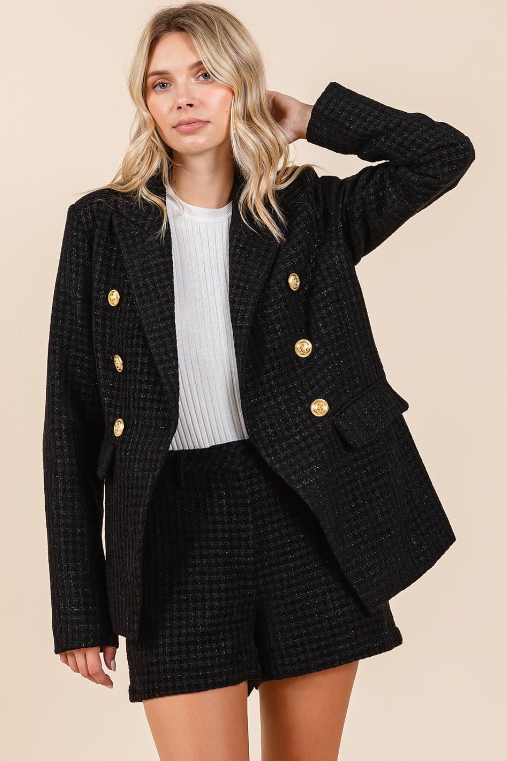 Mittoshop - Black Plaid Double Breasted Blazer