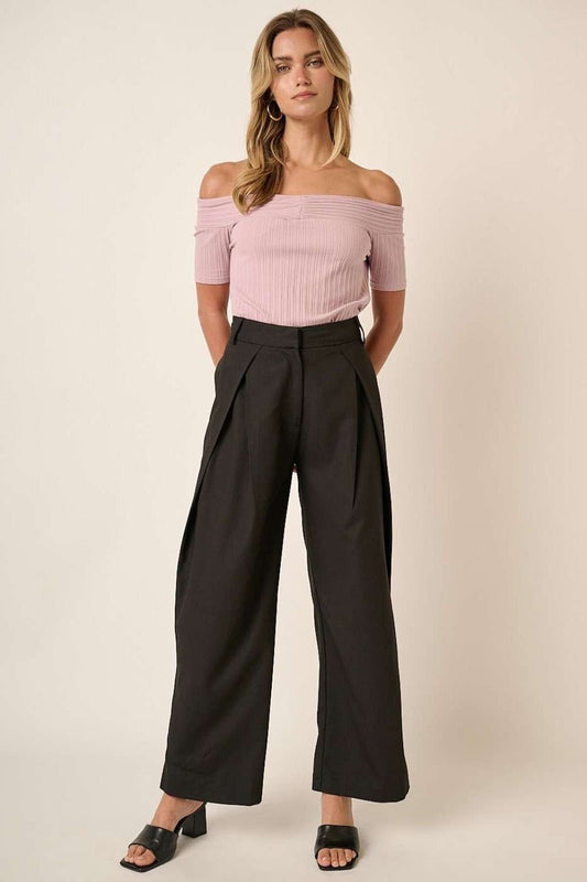 Mittoshop - Black Pleated High Waisted Wide Leg Pants