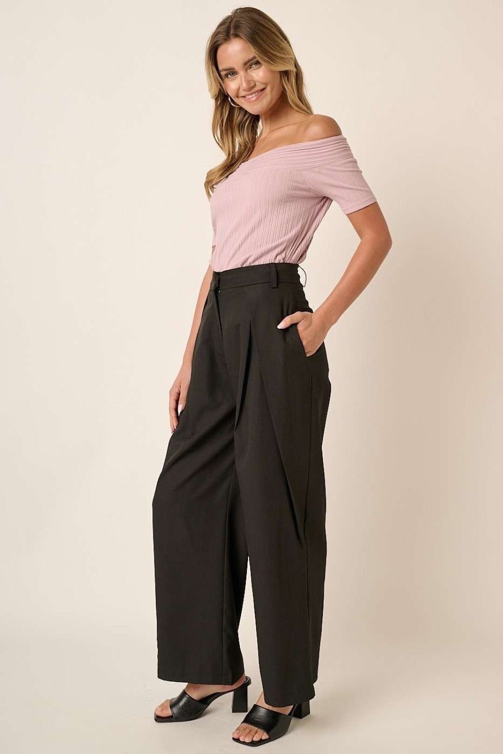 Mittoshop - Black Pleated High Waisted Wide Leg Pants