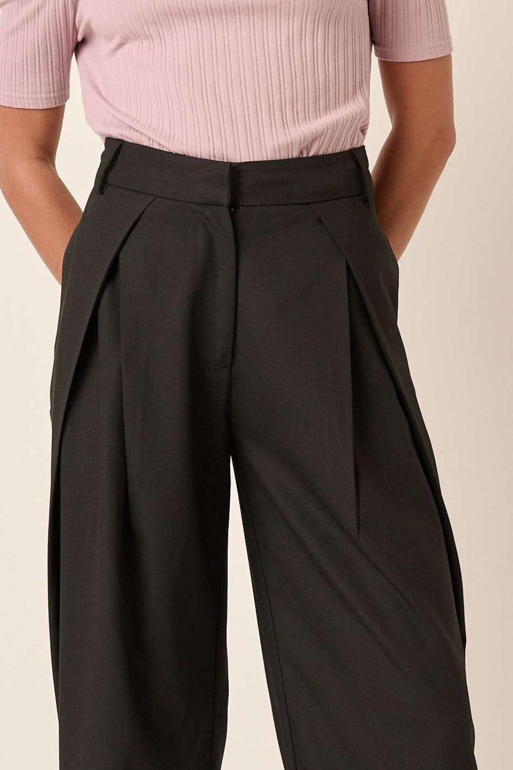 Mittoshop - Black Pleated High Waisted Wide Leg Pants