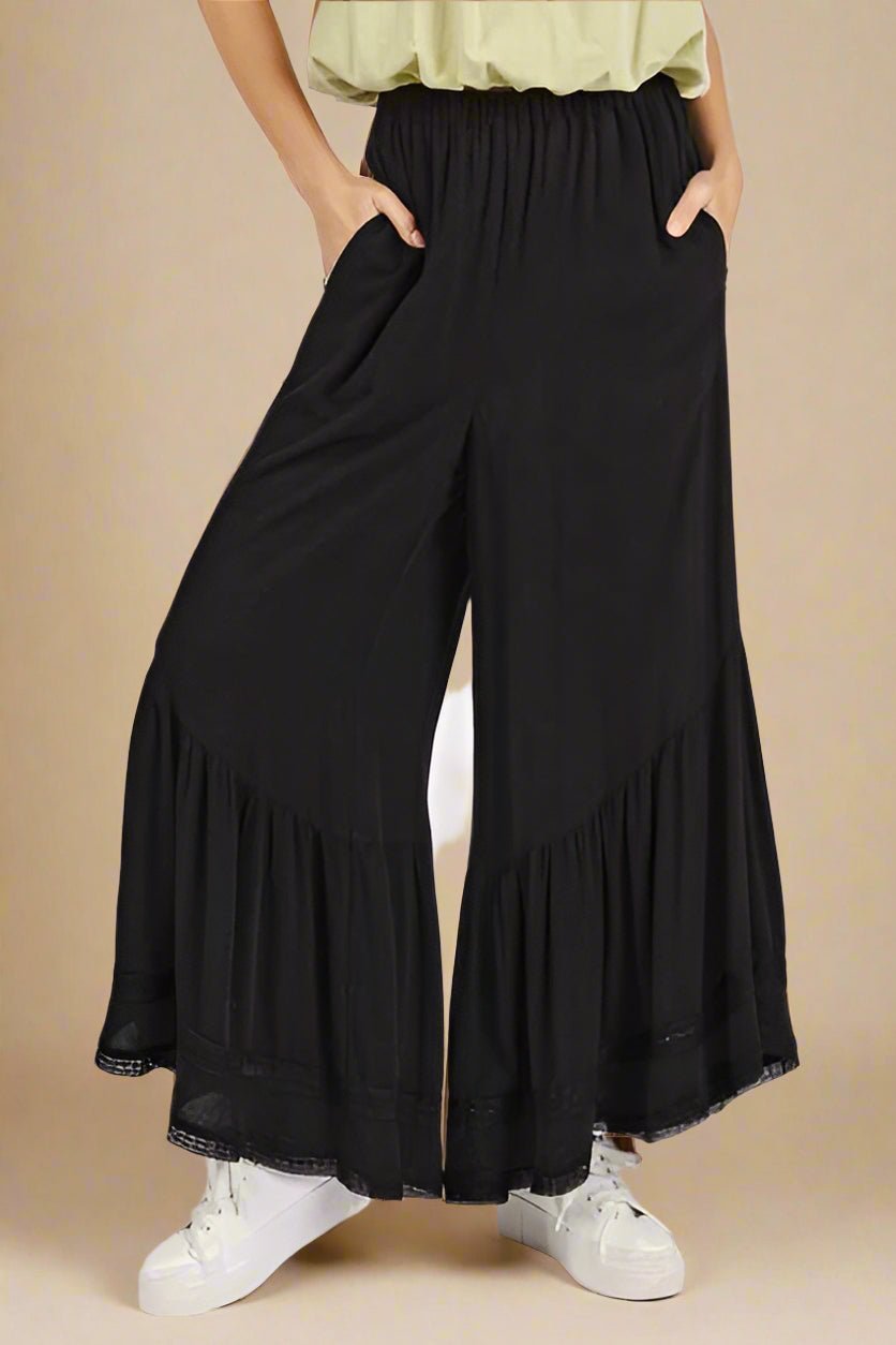 Mittoshop - Black Ruffle Hem Wide Leg Pants