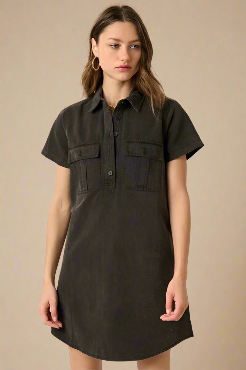 Mittoshop - Black Short Sleeve Mini Shirt Dress