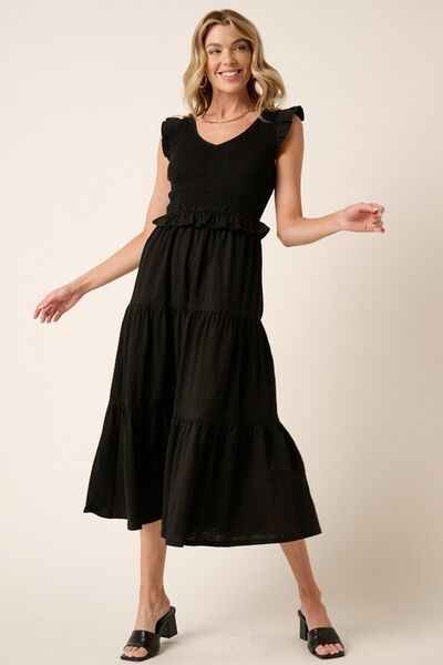 Mittoshop - Black Smocked Ruffled Tiered Midi Dress