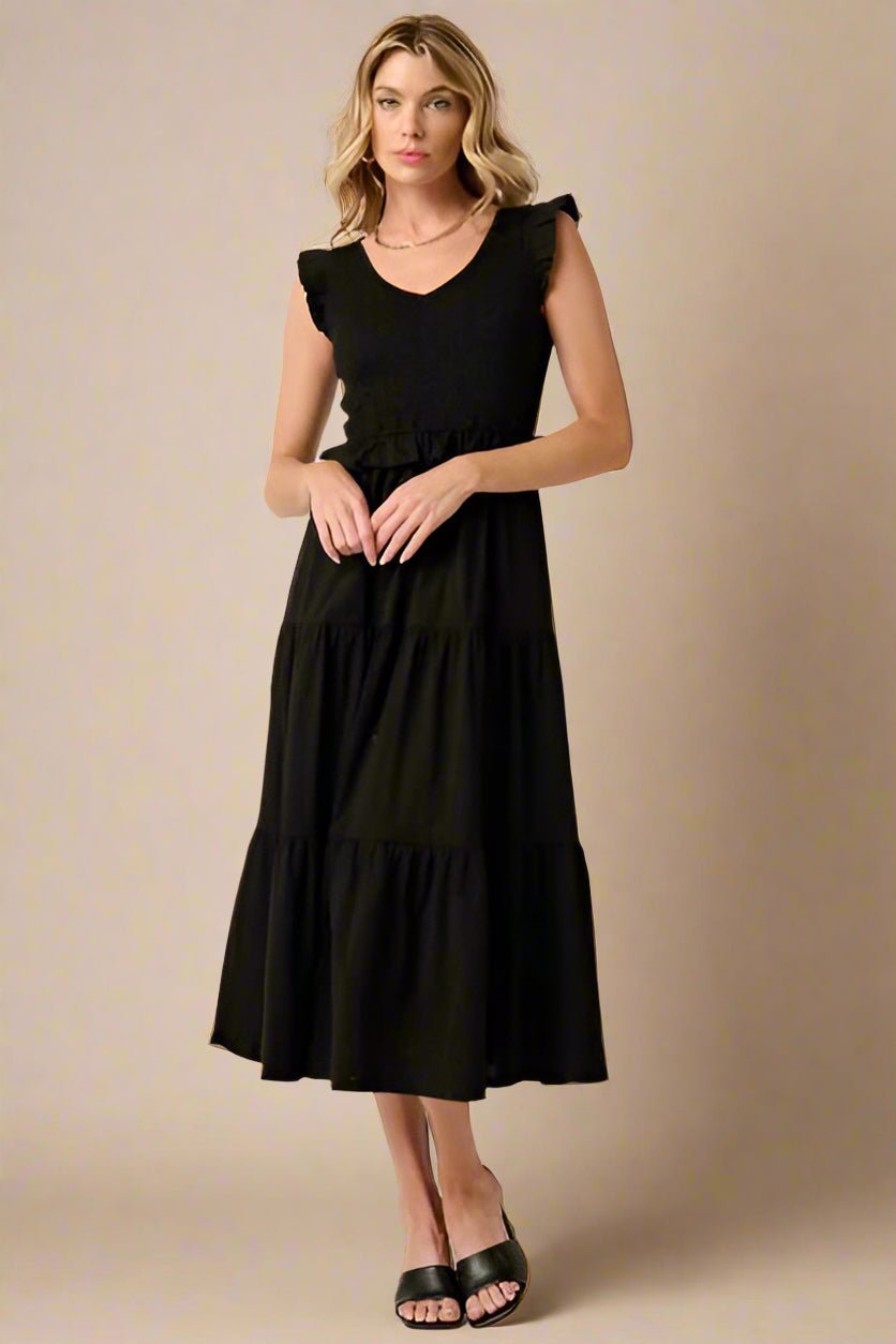 Mittoshop - Black Smocked Ruffled Tiered Midi Dress