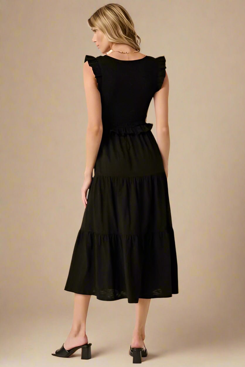 Mittoshop - Black Smocked Ruffled Tiered Midi Dress