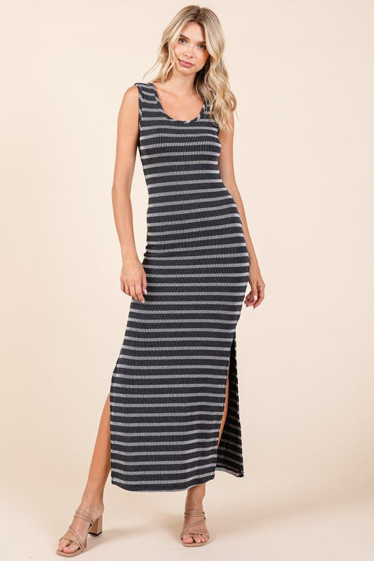 Mittoshop - Black Striped Scoop Neck Sleeveless Maxi Dress