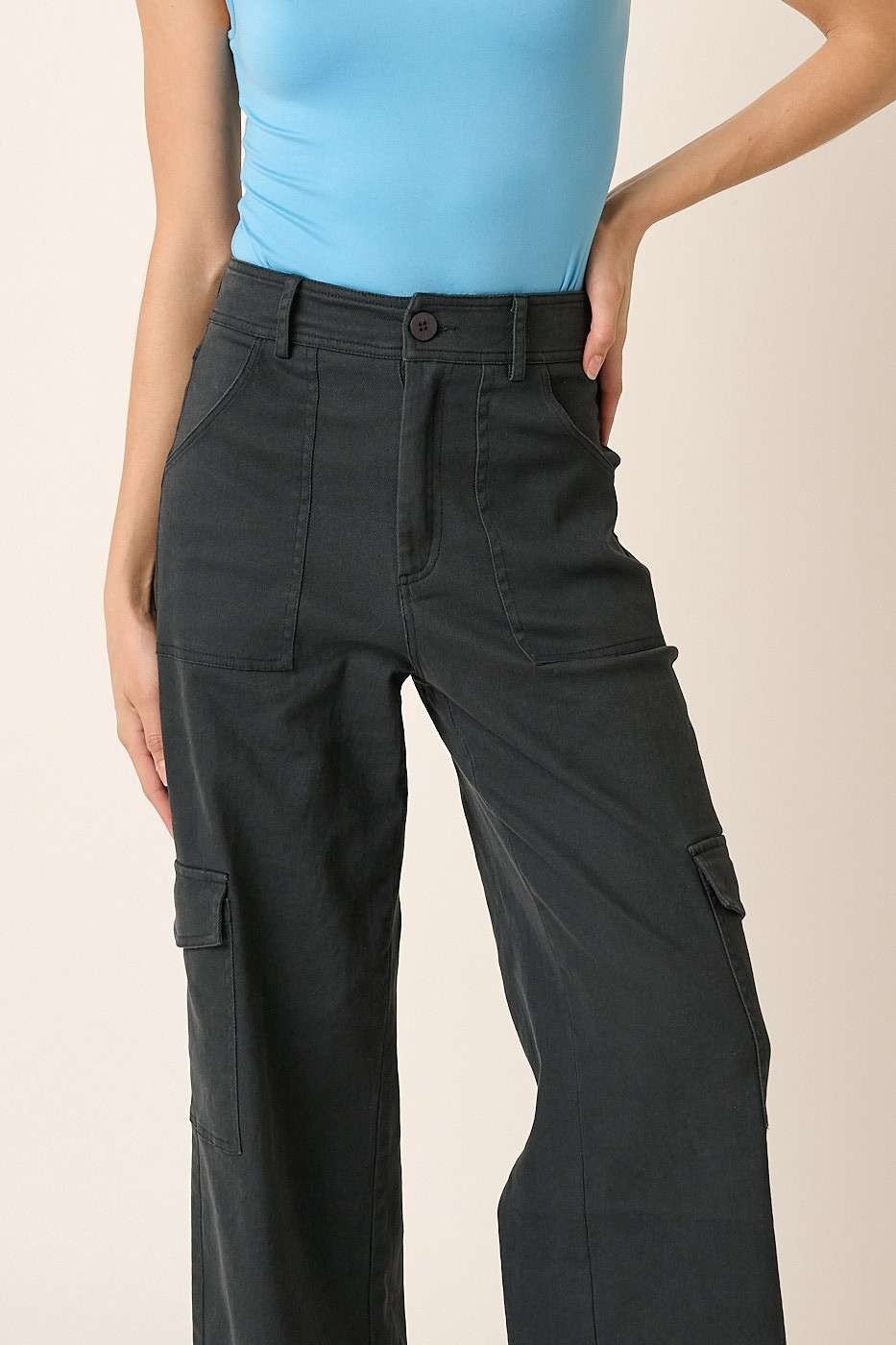 Mittoshop - Black Wide Leg High Waist Cargo Pants