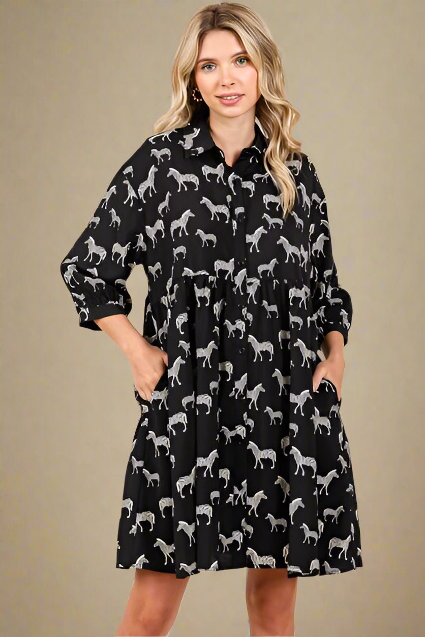 Mittoshop - Black Zebra Print Mini Shirt Dress
