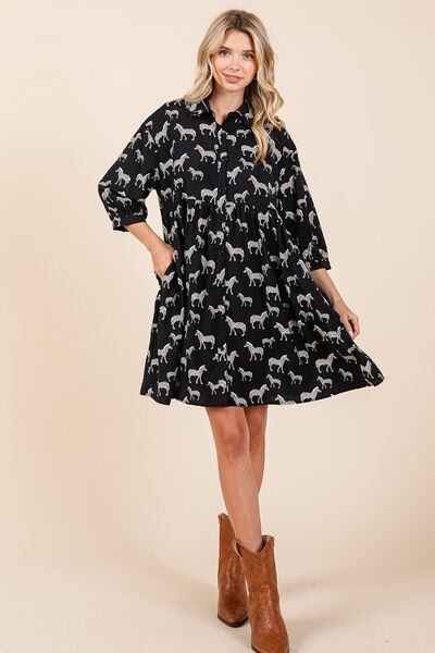 Mittoshop - Black Zebra Print Mini Shirt Dress