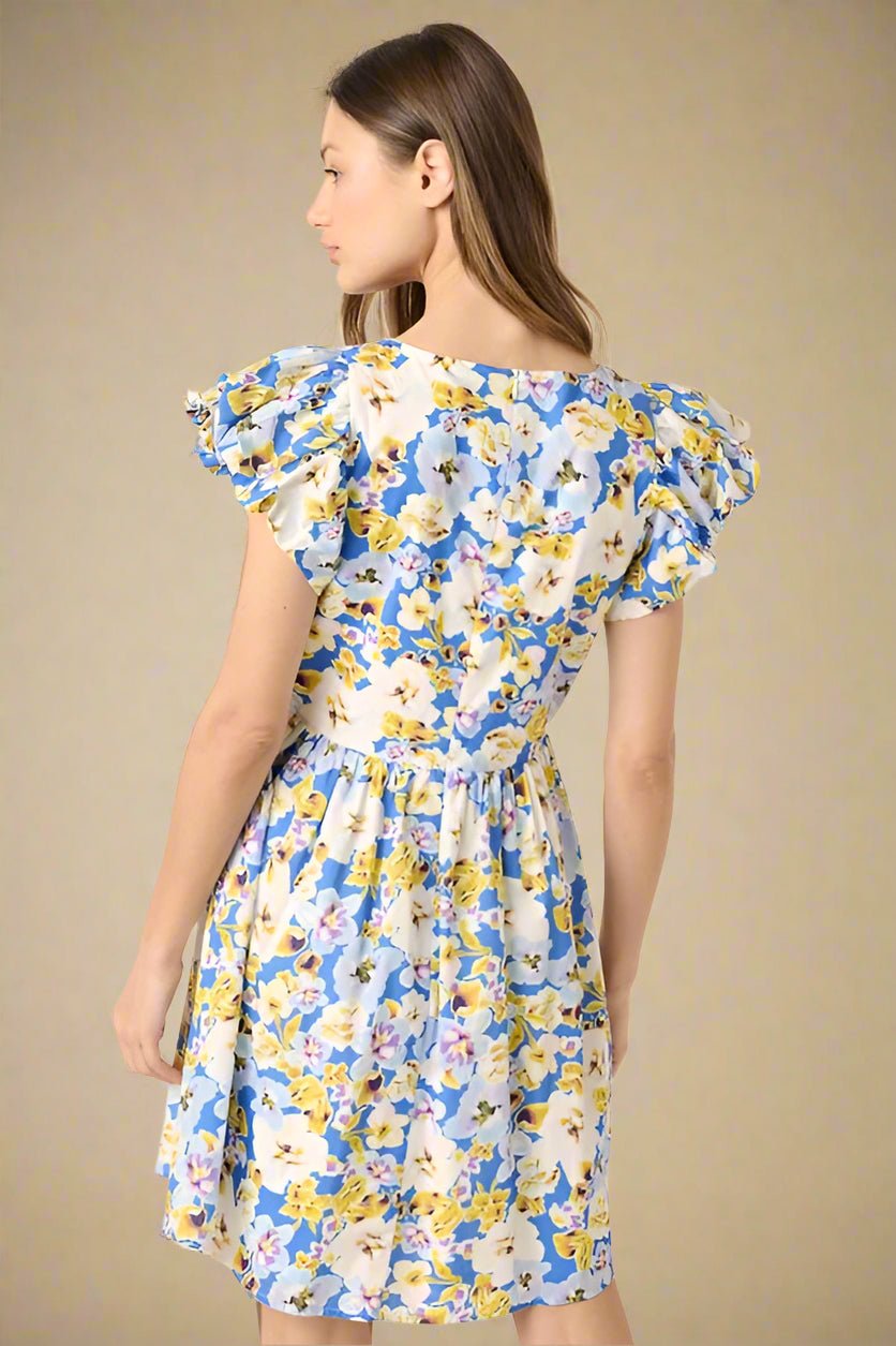 Mittoshop - Blue Floral V - Neck Cap Sleeve Cotton Mini Dress
