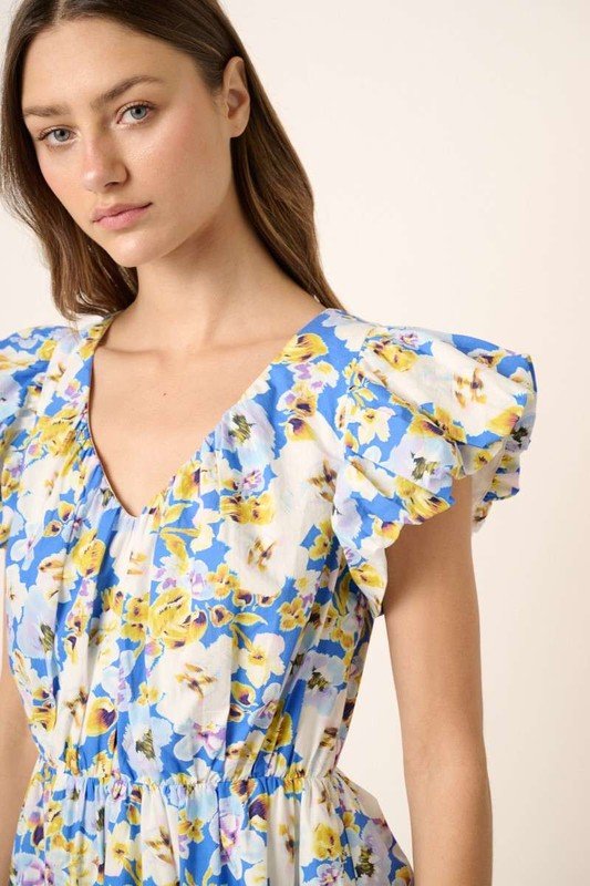 Mittoshop - Blue Floral V - Neck Cap Sleeve Cotton Mini Dress