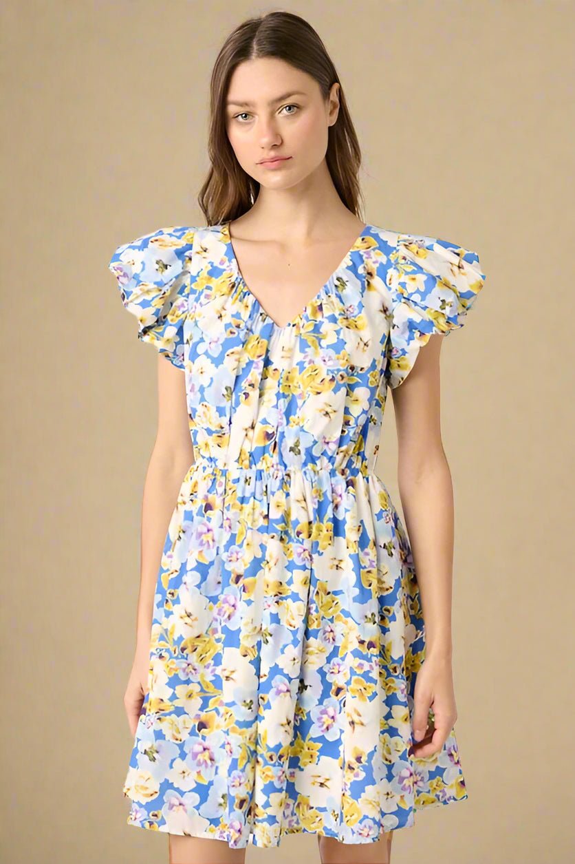 Mittoshop - Blue Floral V - Neck Cap Sleeve Cotton Mini Dress