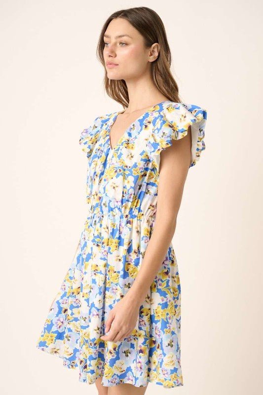 Mittoshop - Blue Floral V - Neck Cap Sleeve Cotton Mini Dress