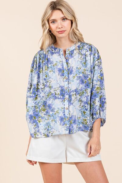 Mittoshop - Blue Flower Print Batwing Blouse