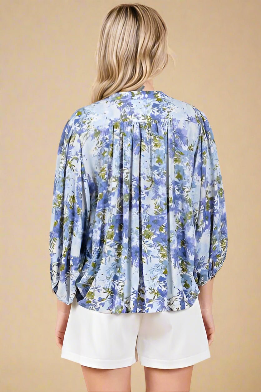Mittoshop - Blue Flower Print Batwing Blouse