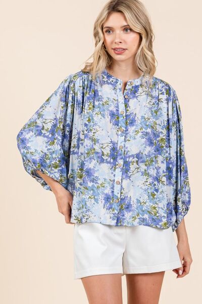Mittoshop - Blue Flower Print Batwing Blouse
