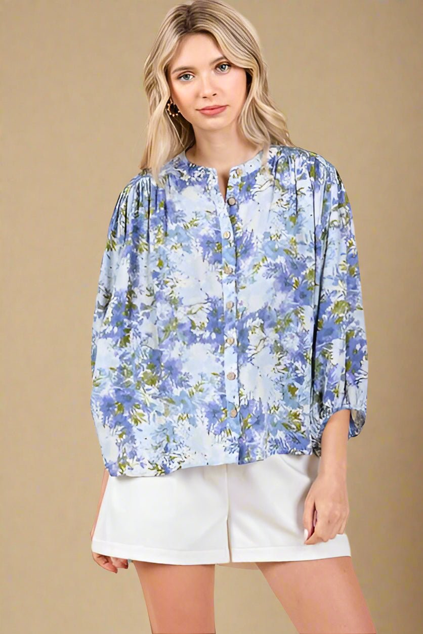 Mittoshop - Blue Flower Print Batwing Blouse