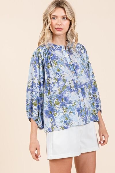 Mittoshop - Blue Flower Print Batwing Blouse