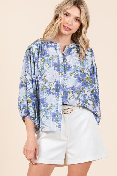 Mittoshop - Blue Flower Print Batwing Blouse