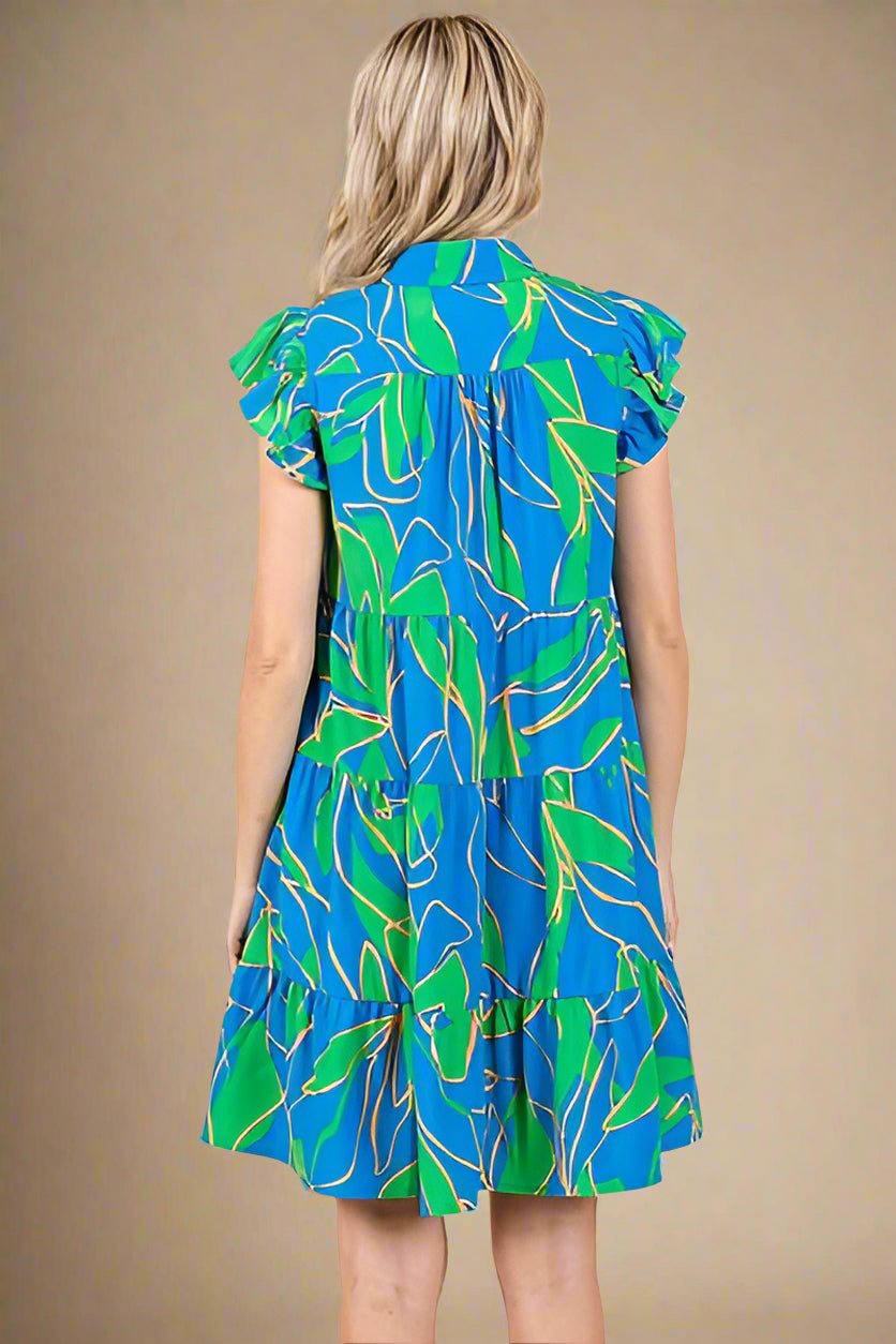 Mittoshop - Blue Leaf Print Ruffle Sleeve Tiered Mini Dress
