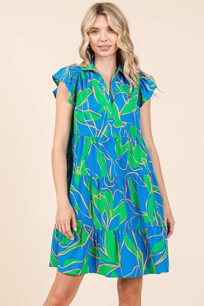 Mittoshop - Blue Leaf Print Ruffle Sleeve Tiered Mini Dress