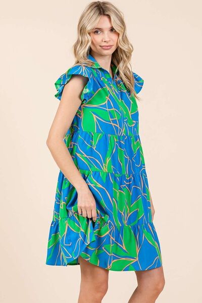 Mittoshop - Blue Leaf Print Ruffle Sleeve Tiered Mini Dress