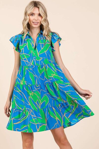 Mittoshop - Blue Leaf Print Ruffle Sleeve Tiered Mini Dress