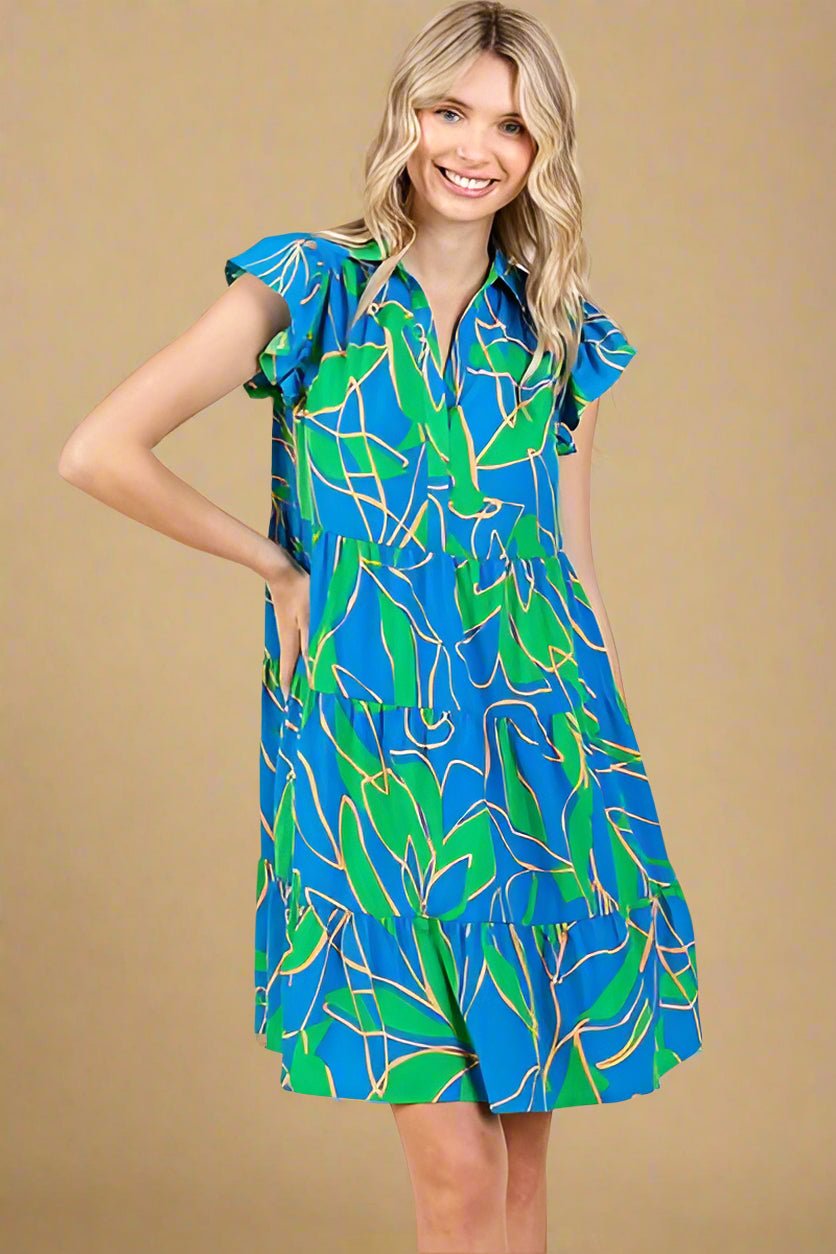 Mittoshop - Blue Leaf Print Ruffle Sleeve Tiered Mini Dress