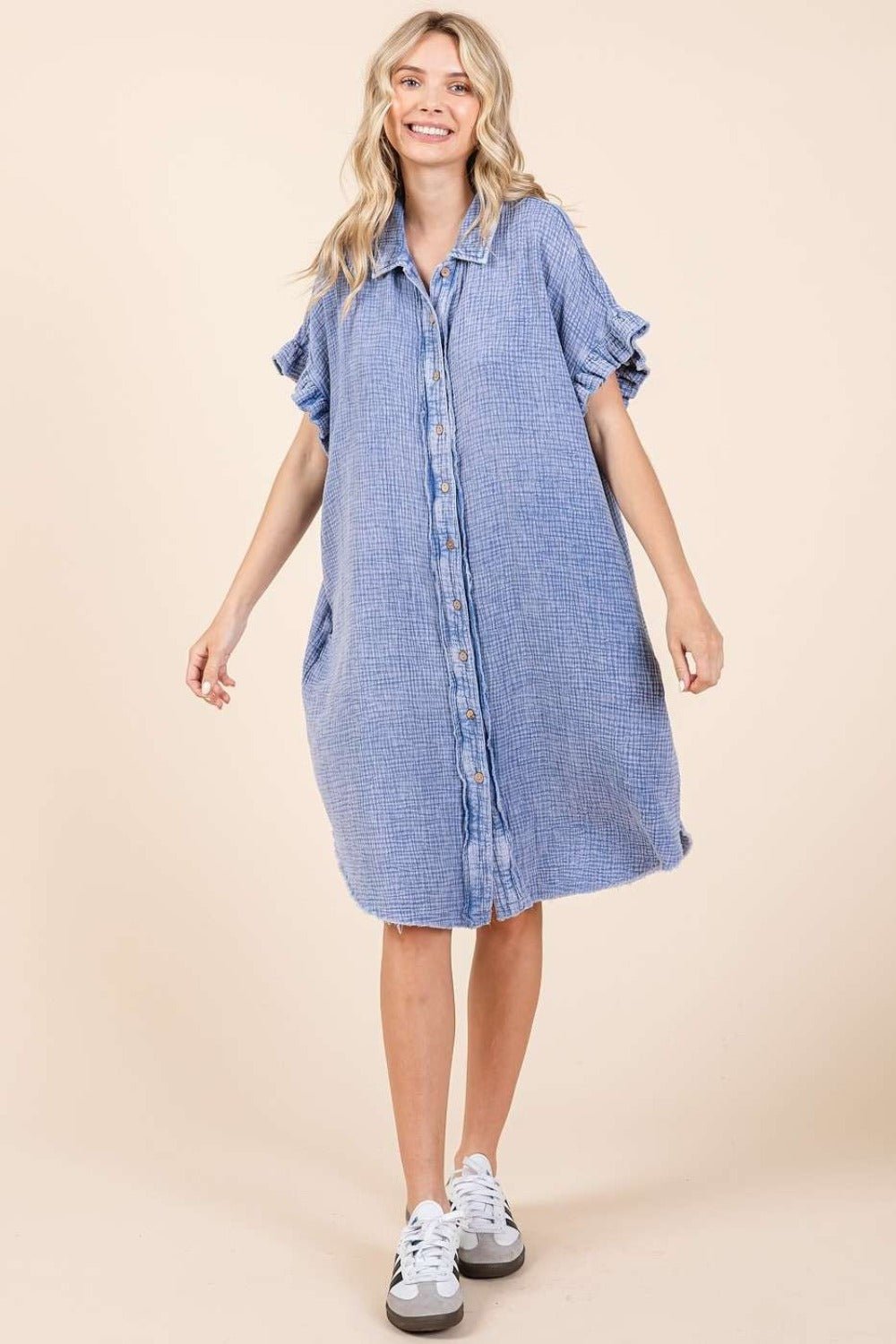 Mittoshop - Blue Mineral Wash Cotton Gauze Mini Shirt Dress