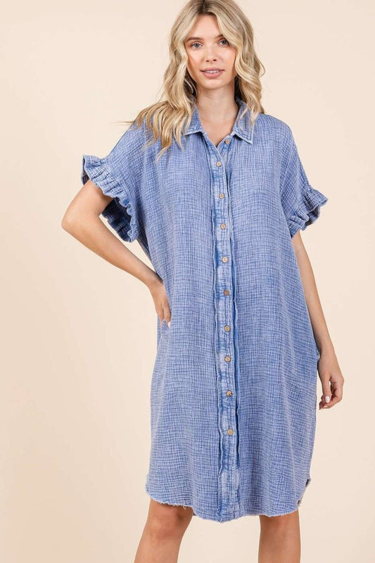 Mittoshop - Blue Mineral Wash Cotton Gauze Mini Shirt Dress