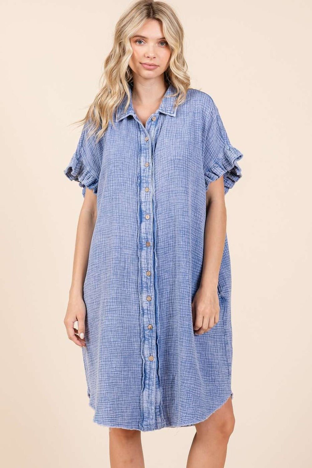 Mittoshop - Blue Mineral Wash Cotton Gauze Mini Shirt Dress