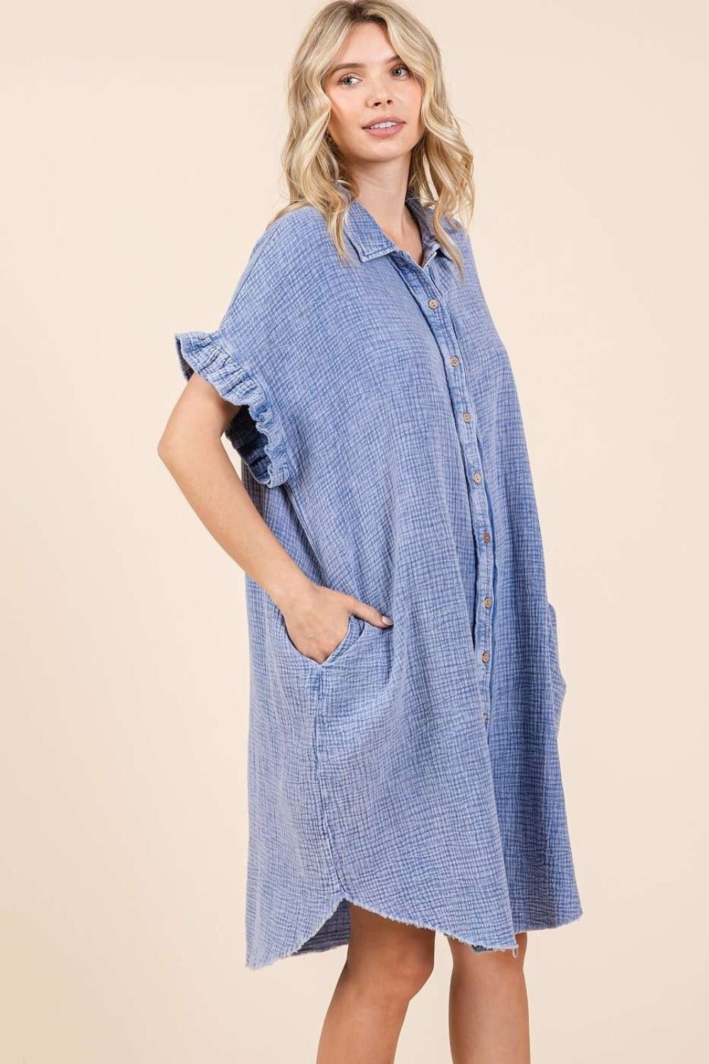 Mittoshop - Blue Mineral Wash Cotton Gauze Mini Shirt Dress