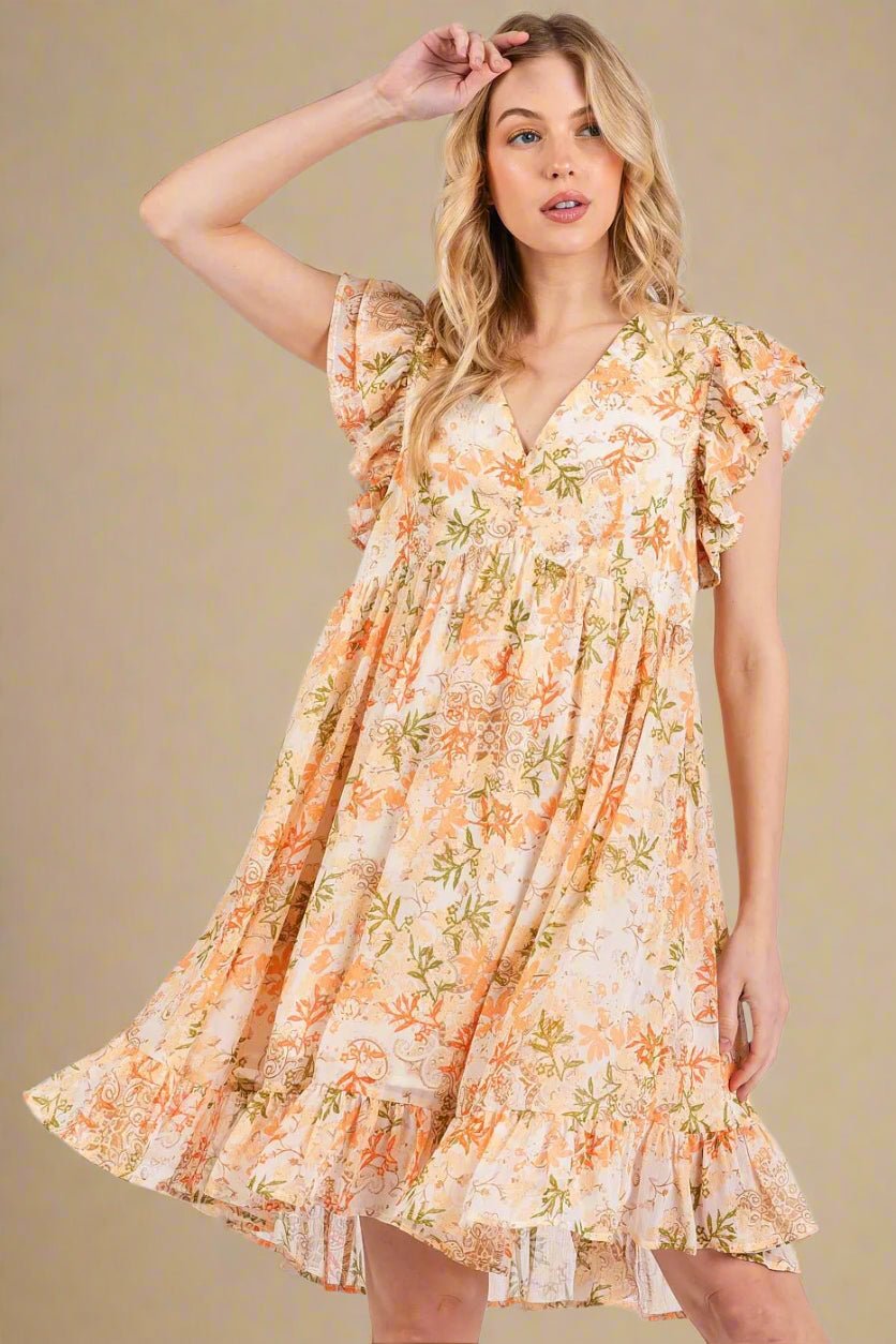 Mittoshop - Boho Ruffle Sleeve Babydoll Mini Dress in Apricot Floral