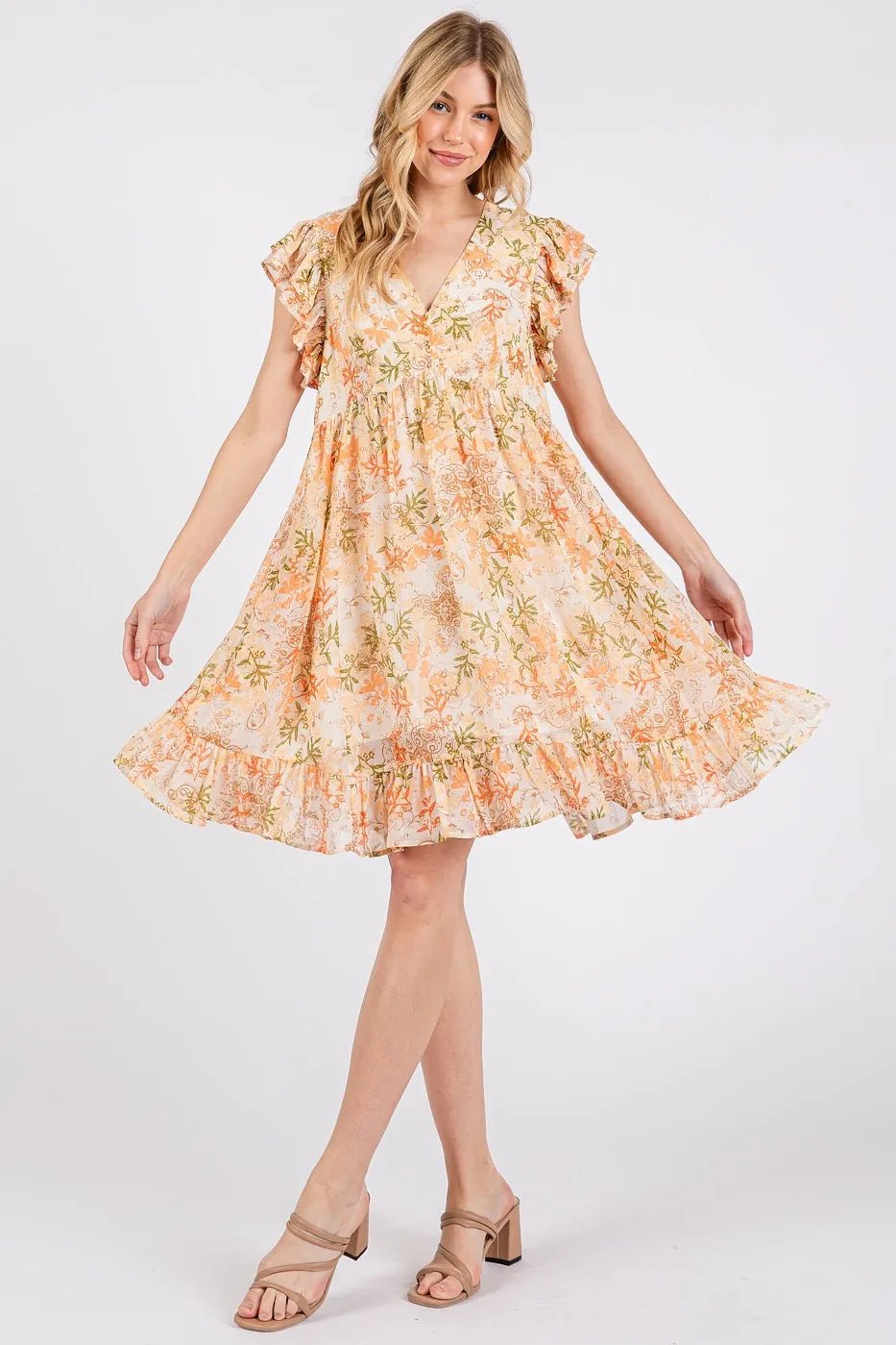 Mittoshop - Boho Ruffle Sleeve Babydoll Mini Dress in Apricot Floral