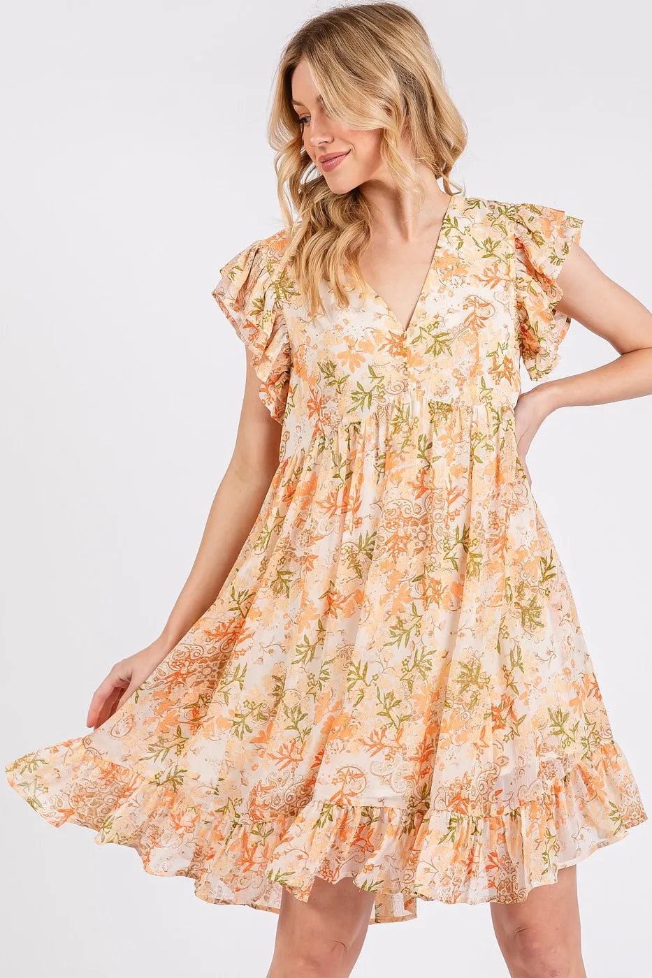 Mittoshop - Boho Ruffle Sleeve Babydoll Mini Dress in Apricot Floral
