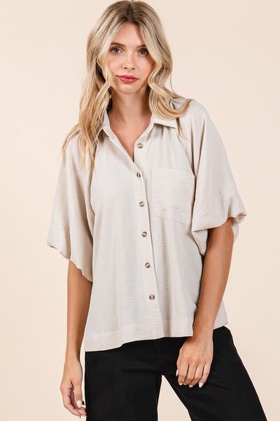 Mittoshop - Bubble Sleeve Button Down Shirt in Natural